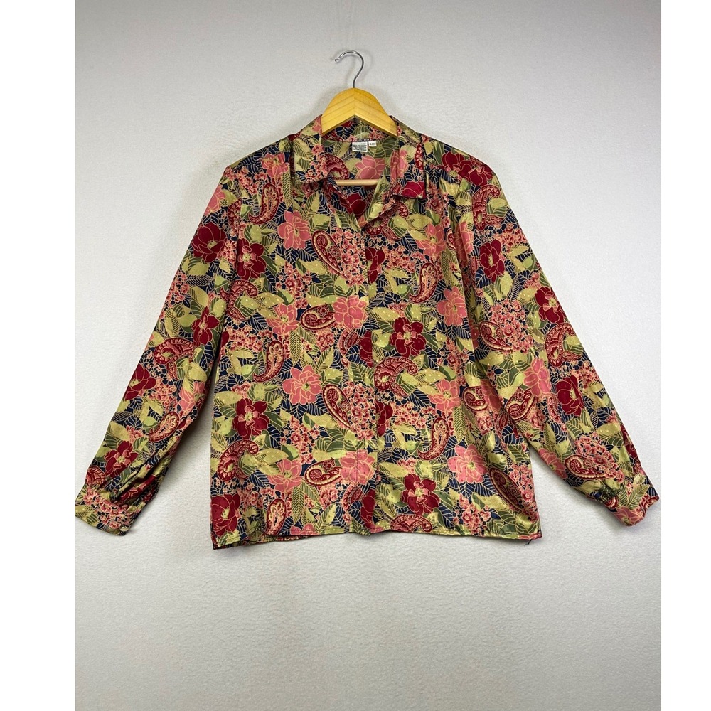 Grandmacore Vintage Women 12 Multicolor Floral Paisley Button Down Blouse Top